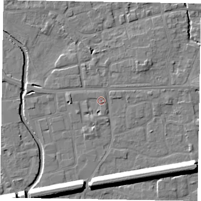 Shaded relief map of the ground around SL61FN, computed from Environment Agency LiDAR. The ground here sits at about 24 m above sea level and falls 13 m across the surrounding 800 m. Surface water reaching this point runs off ground lying to the south-south-west, 1.8 m higher.