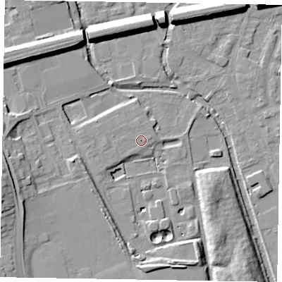 Shaded relief map of the ground around SL61FU, computed from Environment Agency LiDAR. The ground here sits at about 25 m above sea level and falls 17 m across the surrounding 800 m. Surface water reaching this point runs off ground lying to the west, 1.0 m higher.