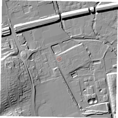 Shaded relief map of the ground around SL61GG, computed from Environment Agency LiDAR. The ground here sits at about 26 m above sea level and falls 25 m across the surrounding 800 m. Surface water reaching this point runs off ground lying to the west-south-west, 1.1 m higher.