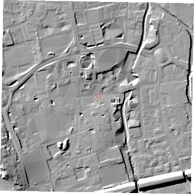 Shaded relief map of the ground around SL61JG, computed from Environment Agency LiDAR. The ground here sits at about 26 m above sea level and falls 19 m across the surrounding 800 m. Surface water reaching this point runs off ground lying to the south-west, 7.8 m higher.