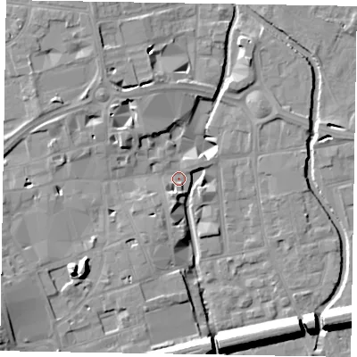 Shaded relief map of the ground around SL61JN, computed from Environment Agency LiDAR. The ground here sits at about 24 m above sea level and falls 15 m across the surrounding 800 m. Surface water reaching this point runs off ground lying to the west-south-west, 9.4 m higher.