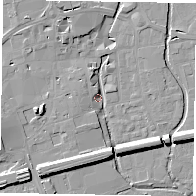 Shaded relief map of the ground around SL61LF, computed from Environment Agency LiDAR. The ground here sits at about 23 m above sea level and falls 17 m across the surrounding 800 m. Surface water reaching this point runs off ground lying to the south-west, 13.4 m higher.