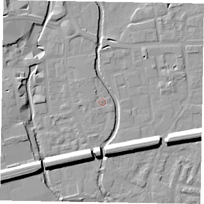 Shaded relief map of the ground around SL61LH, computed from Environment Agency LiDAR. The ground here sits at about 24 m above sea level and falls 15 m across the surrounding 800 m. Surface water reaching this point runs off ground lying to the north-north-west, 1.6 m higher.