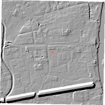 Shaded relief map of the ground around SL61NQ, computed from Environment Agency LiDAR. The ground here sits at about 24 m above sea level and falls 13 m across the surrounding 800 m. Surface water reaching this point runs off ground lying to the north, 1.2 m higher.