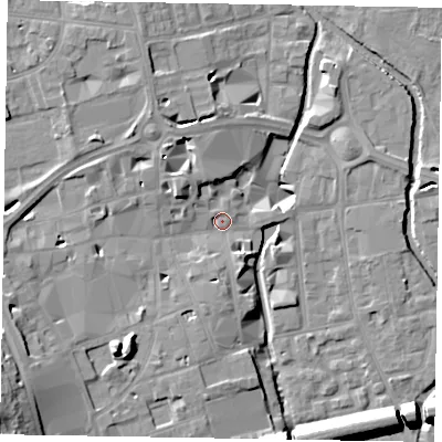 Shaded relief map of the ground around SL61PZ, computed from Environment Agency LiDAR. The ground here sits at about 25 m above sea level and falls 18 m across the surrounding 800 m. Surface water reaching this point runs off ground lying to the south-west, 8.5 m higher.