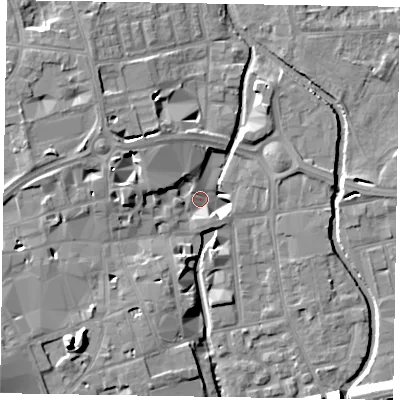Shaded relief map of the ground around SL61QG, computed from Environment Agency LiDAR. The ground here sits at about 23 m above sea level and falls 15 m across the surrounding 800 m. Surface water reaching this point runs off ground lying to the west-north-west, 11.4 m higher.
