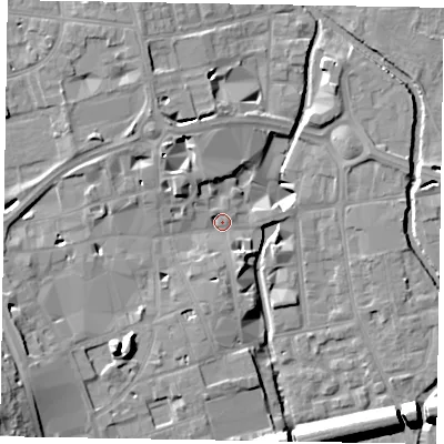 Shaded relief map of the ground around SL61QH, computed from Environment Agency LiDAR. The ground here sits at about 25 m above sea level and falls 18 m across the surrounding 800 m. Surface water reaching this point runs off ground lying to the south-west, 8.5 m higher.