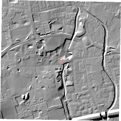 Shaded relief map of the ground around SL61QJ, computed from Environment Agency LiDAR. The ground here sits at about 25 m above sea level and falls 15 m across the surrounding 800 m. Surface water reaching this point runs off ground lying to the west, 2.3 m higher.