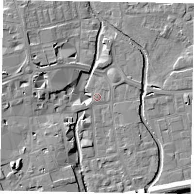 Shaded relief map of the ground around SL61QR, computed from Environment Agency LiDAR. The ground here sits at about 25 m above sea level and falls 15 m across the surrounding 800 m. Surface water reaching this point runs off ground lying to the east-north-east, 0.7 m higher.
