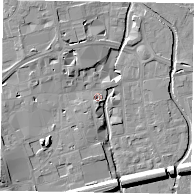 Shaded relief map of the ground around SL61QS, computed from Environment Agency LiDAR. The ground here sits at about 25 m above sea level and falls 15 m across the surrounding 800 m. Surface water reaching this point runs off ground lying to the west-south-west, 9.7 m higher.