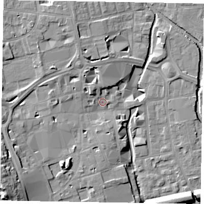 Shaded relief map of the ground around SL61QZ, computed from Environment Agency LiDAR. The ground here sits at about 26 m above sea level and falls 19 m across the surrounding 800 m. Surface water reaching this point runs off ground lying to the north-west, 4.9 m higher.