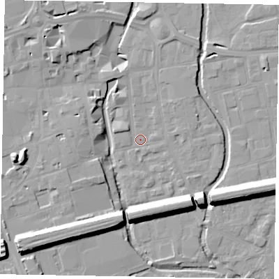 Shaded relief map of the ground around SL61RN, computed from Environment Agency LiDAR. The ground here sits at about 23 m above sea level and falls 16 m across the surrounding 800 m. Surface water reaching this point runs off ground lying to the north-north-west, 3.2 m higher.