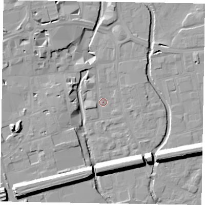 Shaded relief map of the ground around SL61RR, computed from Environment Agency LiDAR. The ground here sits at about 24 m above sea level and falls 16 m across the surrounding 800 m. Surface water reaching this point runs off ground lying to the north-west, 3.2 m higher.
