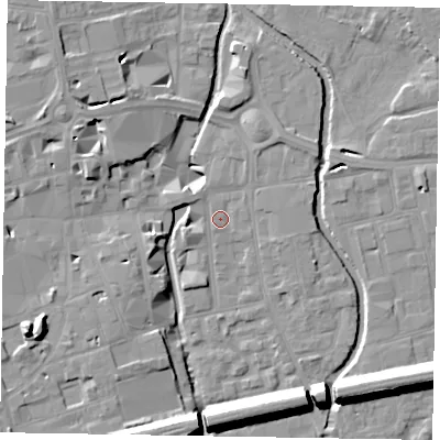Shaded relief map of the ground around SL61RS, computed from Environment Agency LiDAR. The ground here sits at about 24 m above sea level and falls 15 m across the surrounding 800 m. Surface water reaching this point runs off ground lying to the west-north-west, 1.8 m higher.