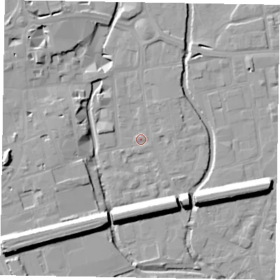 Shaded relief map of the ground around SL61RT, computed from Environment Agency LiDAR. The ground here sits at about 24 m above sea level and falls 16 m across the surrounding 800 m. Surface water reaching this point runs off ground lying to the north-west, 3.2 m higher.