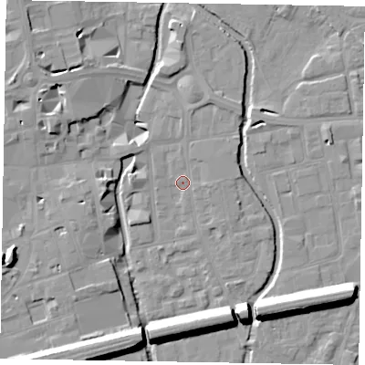 Shaded relief map of the ground around SL61RU, computed from Environment Agency LiDAR. The ground here sits at about 24 m above sea level and falls 15 m across the surrounding 800 m. Surface water reaching this point runs off ground lying to the north-north-east, 1.6 m higher.