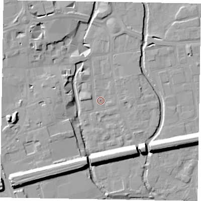 Shaded relief map of the ground around SL61RW, computed from Environment Agency LiDAR. The ground here sits at about 23 m above sea level and falls 16 m across the surrounding 800 m. Surface water reaching this point runs off ground lying to the north-west, 3.2 m higher.