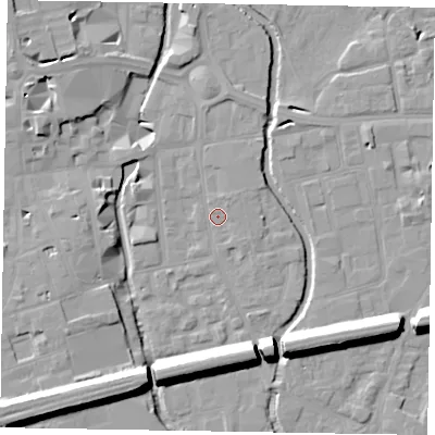 Shaded relief map of the ground around SL61RX, computed from Environment Agency LiDAR. The ground here sits at about 24 m above sea level and falls 15 m across the surrounding 800 m. Surface water reaching this point runs off ground lying to the north, 1.6 m higher.