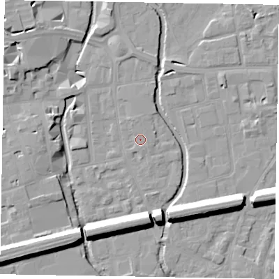 Shaded relief map of the ground around SL61RY, computed from Environment Agency LiDAR. The ground here sits at about 24 m above sea level and falls 15 m across the surrounding 800 m. Surface water reaching this point runs off ground lying to the north, 1.1 m higher.