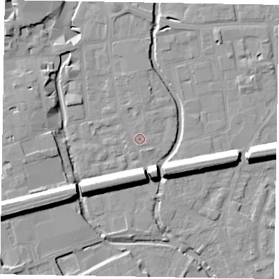 Shaded relief map of the ground around SL61SB, computed from Environment Agency LiDAR. The ground here sits at about 24 m above sea level and falls 15 m across the surrounding 800 m. Surface water reaching this point runs off ground lying to the north, 1.3 m higher.