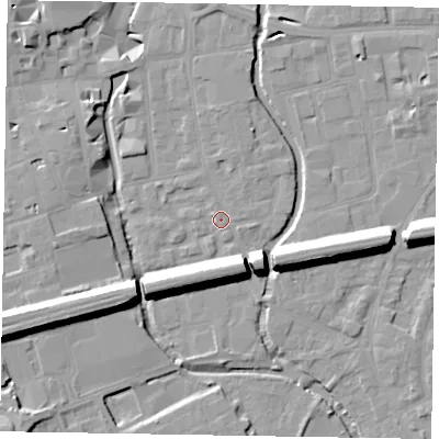 Shaded relief map of the ground around SL61SD, computed from Environment Agency LiDAR. The ground here sits at about 24 m above sea level and falls 15 m across the surrounding 800 m. Surface water reaching this point runs off ground lying to the west-south-west, 12.5 m higher.