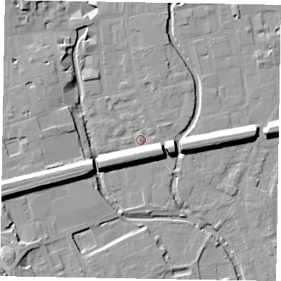 Shaded relief map of the ground around SL61SE, computed from Environment Agency LiDAR. The ground here sits at about 24 m above sea level and falls 16 m across the surrounding 800 m. Surface water reaching this point runs off ground lying to the west-south-west, 12.5 m higher.