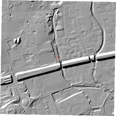 Shaded relief map of the ground around SL61SH, computed from Environment Agency LiDAR. The ground here sits at about 24 m above sea level and falls 22 m across the surrounding 800 m. Surface water reaching this point runs off ground lying to the west-south-west, 13.4 m higher.