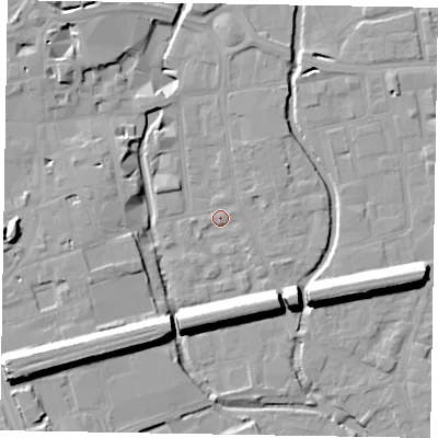 Shaded relief map of the ground around SL61SJ, computed from Environment Agency LiDAR. The ground here sits at about 24 m above sea level and falls 16 m across the surrounding 800 m. Surface water reaching this point runs off ground lying to the south-west, 13.4 m higher.
