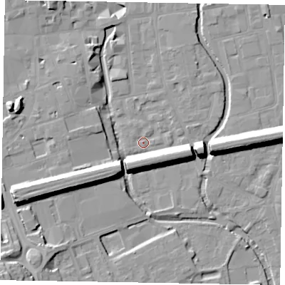 Shaded relief map of the ground around SL61SU, computed from Environment Agency LiDAR. The ground here sits at about 24 m above sea level and falls 19 m across the surrounding 800 m. Surface water reaching this point runs off ground lying to the west-south-west, 13.4 m higher.