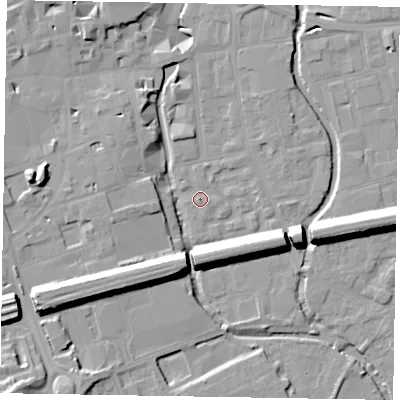 Shaded relief map of the ground around SL61SX, computed from Environment Agency LiDAR. The ground here sits at about 24 m above sea level and falls 18 m across the surrounding 800 m. The ground contributing surface water to this point lies to the east-south-east.
