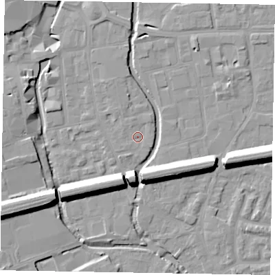Shaded relief map of the ground around SL61SY, computed from Environment Agency LiDAR. The ground here sits at about 24 m above sea level and falls 15 m across the surrounding 800 m. Surface water reaching this point runs off ground lying to the north-west, 1.1 m higher.