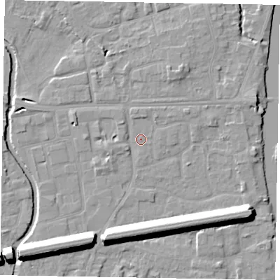 Shaded relief map of the ground around SL61TB, computed from Environment Agency LiDAR. The ground here sits at about 24 m above sea level and falls 13 m across the surrounding 800 m. Surface water reaching this point runs off ground lying to the north-north-east, 2.8 m higher.