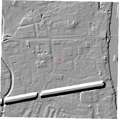Shaded relief map of the ground around SL61TD, computed from Environment Agency LiDAR. The ground here sits at about 24 m above sea level and falls 13 m across the surrounding 800 m. Surface water reaching this point runs off ground lying to the north-north-east, 2.8 m higher.