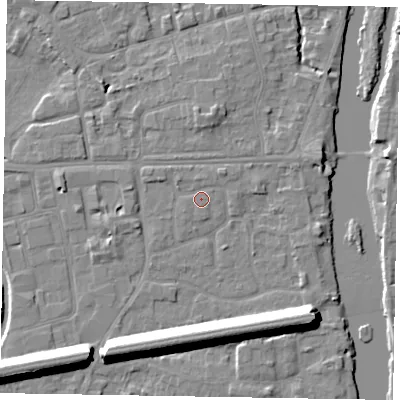 Shaded relief map of the ground around SL61TE, computed from Environment Agency LiDAR. The ground here sits at about 24 m above sea level and falls 13 m across the surrounding 800 m. Surface water reaching this point runs off ground lying to the north, 0.9 m higher.