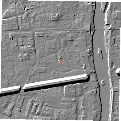 Shaded relief map of the ground around SL61TF, computed from Environment Agency LiDAR. The ground here sits at about 23 m above sea level and falls 13 m across the surrounding 800 m. Surface water reaching this point runs off ground lying to the south-south-west, 10.8 m higher.