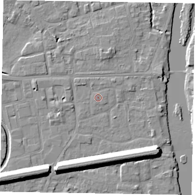 Shaded relief map of the ground around SL61TG, computed from Environment Agency LiDAR. The ground here sits at about 24 m above sea level and falls 13 m across the surrounding 800 m. Surface water reaching this point runs off ground lying to the north-north-east, 0.9 m higher.