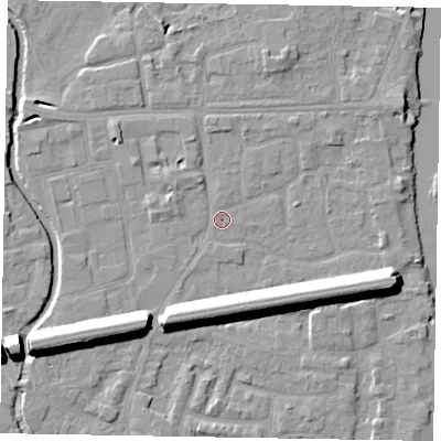 Shaded relief map of the ground around SL61TH, computed from Environment Agency LiDAR. The ground here sits at about 24 m above sea level and falls 13 m across the surrounding 800 m. Surface water reaching this point runs off ground lying to the south-south-west, 11.8 m higher.