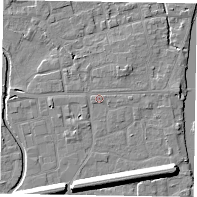 Shaded relief map of the ground around SL61TQ, computed from Environment Agency LiDAR. The ground here sits at about 24 m above sea level and falls 13 m across the surrounding 800 m. Surface water reaching this point runs off ground lying to the east, 1.1 m higher.