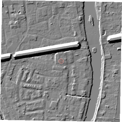 Shaded relief map of the ground around SL61TR, computed from Environment Agency LiDAR. The ground here sits at about 24 m above sea level and falls 13 m across the surrounding 800 m. Surface water reaching this point runs off ground lying to the north, 1.0 m higher.