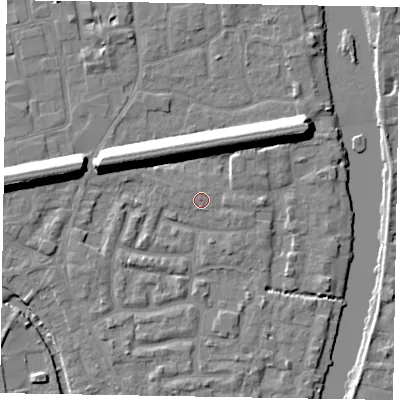 Shaded relief map of the ground around SL61TS, computed from Environment Agency LiDAR. The ground here sits at about 24 m above sea level and falls 13 m across the surrounding 800 m. Surface water reaching this point runs off ground lying to the north-west, 0.5 m higher.