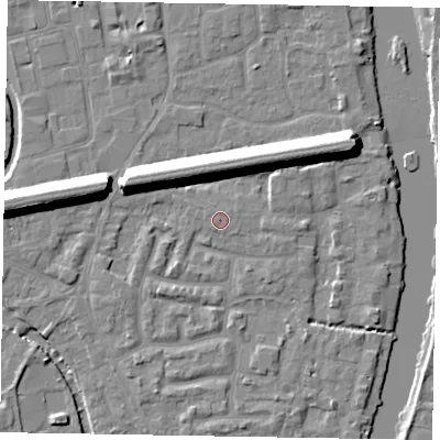 Shaded relief map of the ground around SL61TT, computed from Environment Agency LiDAR. The ground here sits at about 24 m above sea level and falls 13 m across the surrounding 800 m. The ground contributing surface water to this point lies to the north-north-east.