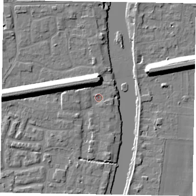 Shaded relief map of the ground around SL61TU, computed from Environment Agency LiDAR. The ground here sits at about 23 m above sea level and falls 13 m across the surrounding 800 m. Surface water reaching this point runs off ground lying to the north, 10.8 m higher.