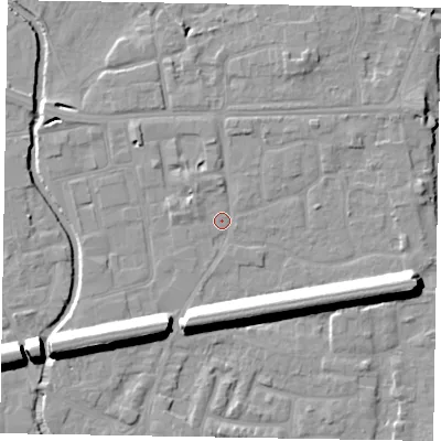 Shaded relief map of the ground around SL61TW, computed from Environment Agency LiDAR. The ground here sits at about 24 m above sea level and falls 13 m across the surrounding 800 m. Surface water reaching this point runs off ground lying to the west-north-west, 1.3 m higher.