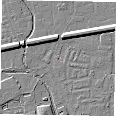 Shaded relief map of the ground around SL61TX, computed from Environment Agency LiDAR. The ground here sits at about 24 m above sea level and falls 13 m across the surrounding 800 m. Surface water reaching this point runs off ground lying to the east-north-east, 11.3 m higher.