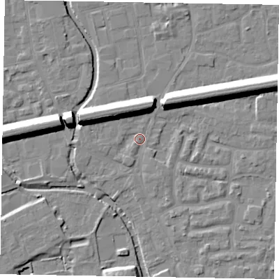 Shaded relief map of the ground around SL61UA, computed from Environment Agency LiDAR. The ground here sits at about 23 m above sea level and falls 13 m across the surrounding 800 m. Surface water reaching this point runs off ground lying to the east-north-east, 11.3 m higher.