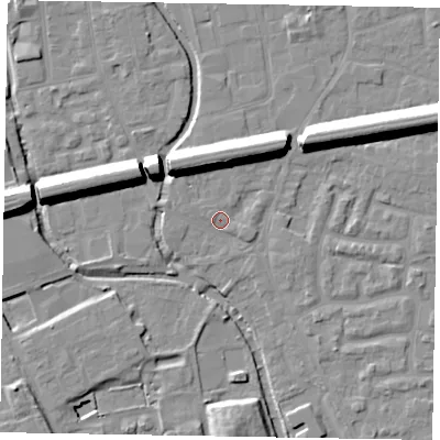 Shaded relief map of the ground around SL61UB, computed from Environment Agency LiDAR. The ground here sits at about 24 m above sea level and falls 13 m across the surrounding 800 m. Surface water reaching this point runs off ground lying to the west, 1.5 m higher.