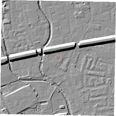 Shaded relief map of the ground around SL61UD, computed from Environment Agency LiDAR. The ground here sits at about 24 m above sea level and falls 13 m across the surrounding 800 m. Surface water reaching this point runs off ground lying to the north-north-west, 10.3 m higher.