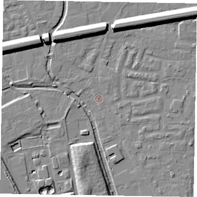 Shaded relief map of the ground around SL61UE, computed from Environment Agency LiDAR. The ground here sits at about 23 m above sea level and falls 15 m across the surrounding 800 m. Surface water reaching this point runs off ground lying to the north-east, 11.3 m higher.