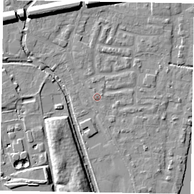 Shaded relief map of the ground around SL61UF, computed from Environment Agency LiDAR. The ground here sits at about 23 m above sea level and falls 15 m across the surrounding 800 m. Surface water reaching this point runs off ground lying to the east-south-east, 1.5 m higher.
