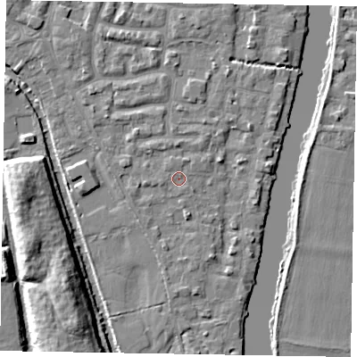 Shaded relief map of the ground around SL61UG, computed from Environment Agency LiDAR. The ground here sits at about 23 m above sea level and falls 11 m across the surrounding 800 m. Surface water reaching this point runs off ground lying to the north-north-east, 0.7 m higher.